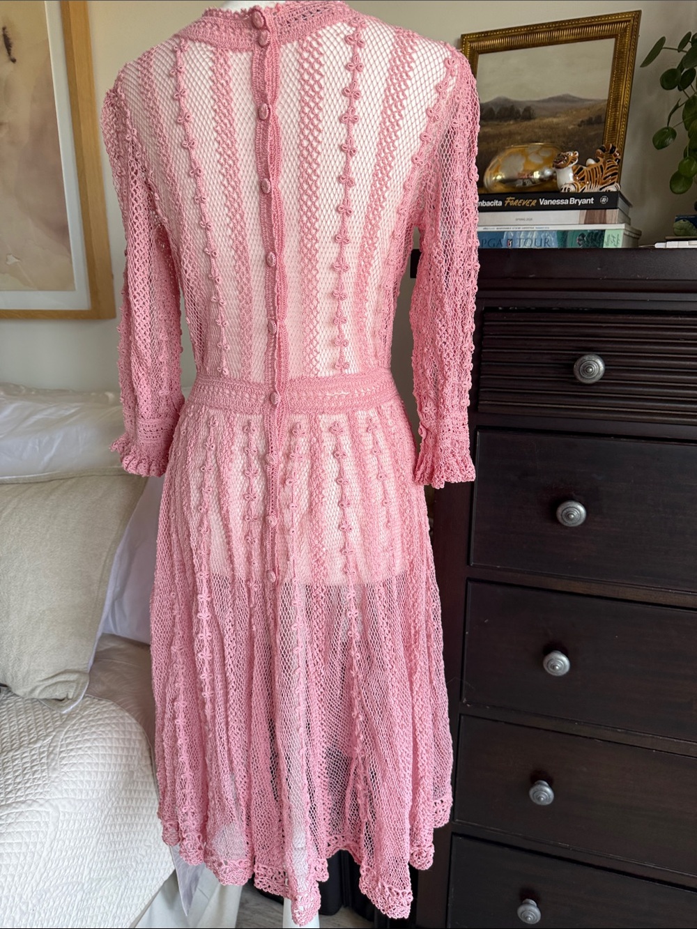 Blush Pink Crochet Vintage Midi Dress - Women's Lace Knit Dress - Picture 7 of 17